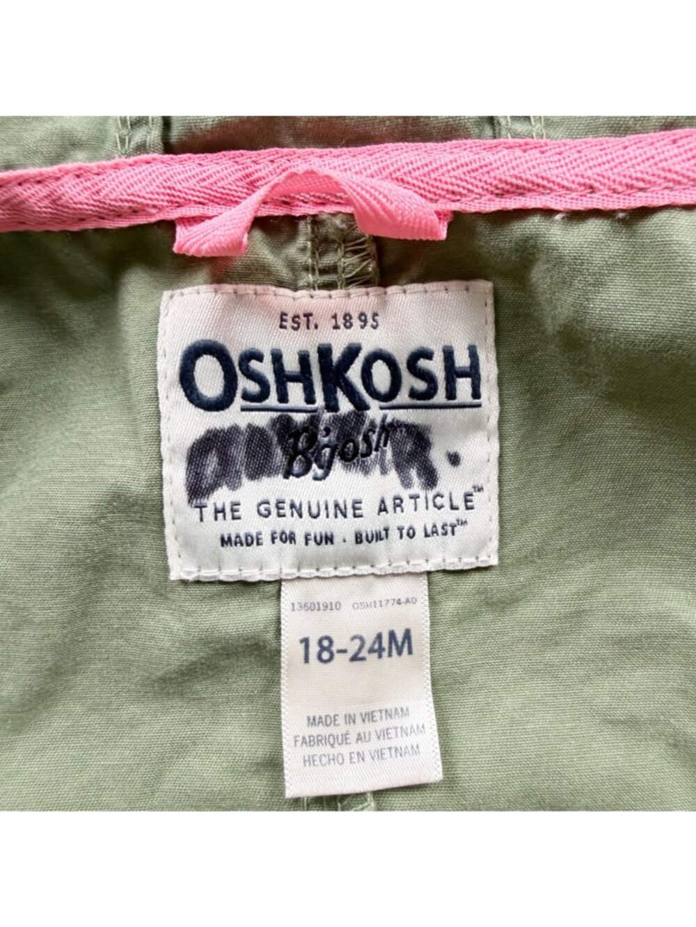 OshKosh Bgosh Green Hooded Jacket Pockets Toddler 18-24 Months - Picture 4 of 5
